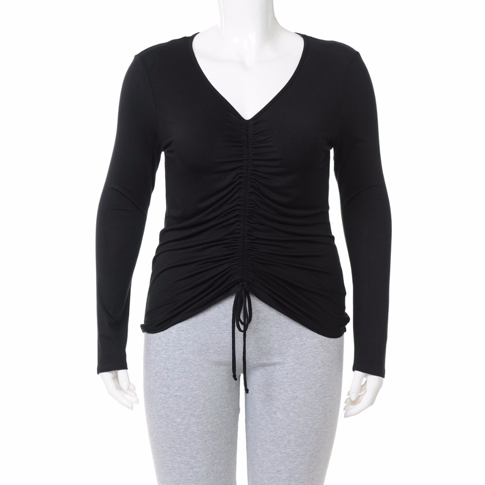 PLUS RUCHED TIE-FRONT V-NECK LONG SLEEVE TOP